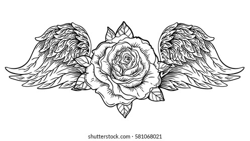 Rose flower with Angel or bird wings. Blackwork tattoo flash. Vintage flower. Highly detailed vector illustration isolated on white. 