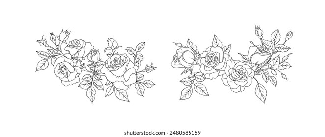 Rosenblumen-Arrangement-Linien-Kunst auf weißem Hintergrund. Silhouette Rosen botanisches Handgezeichnetes Element für Hochzeit, Einladungsrahmen-Design, Vektorillustration