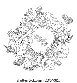 Rose flower background with space for text. Outline drawing coloring page. Coloring book for adult.