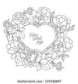 Rose flower background with space for text. Outline drawing coloring page. Coloring book for adult.