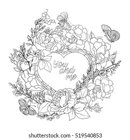 Rose flower background with space for text. Outline drawing coloring page. Coloring book for adult.