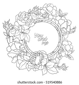 Rose flower background with space for text. Outline drawing coloring page. Coloring book for adult.