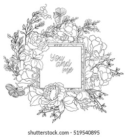 Rose flower background with space for text. Outline drawing coloring page. Coloring book for adult.