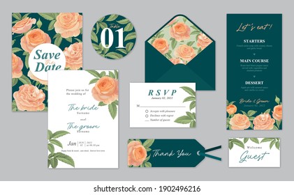 Rose flower background template on dark background. Vector set of floral element for wedding invitations, greeting card, envelope, voucher, brochures and banners design.