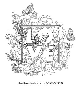 Rose flower background with word love. Outline drawing coloring page. Coloring book for adult.