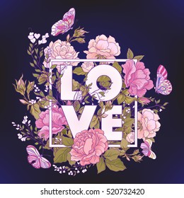 Rose flower background With word love. Good for greeting card for birthday, invitation or banner. 