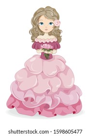 Rose flower beautiful princess in pink dress with bouquet. Picture in hand drawing cartoon style, for print shop. t-shirt wear fashion design, greeting birthday card, postcard. party invitation.