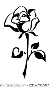 Rose flower. Black and white illustration of a rose with a stem isolated on a white background. Vector black silhouette
