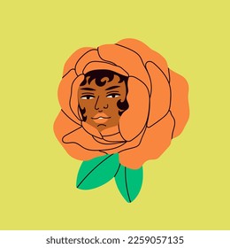 Rose flower. Blossom with beautiful female face. Flower bloom with attractive woman's portrait. Pretty young lady. Stylish character. Hand drawn Vector illustration. Abstract modern art