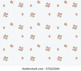 Rose flower and blue dots seamless vector pattern on white background