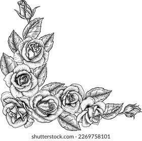 A rose flower border in a woodcut vintage corner frame design element