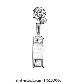 rose flower in a bottle of wine sketch engraving vector illustration. T-shirt apparel print design. Scratch board imitation. Black and white hand drawn image.