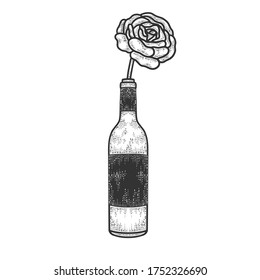 rose flower in a bottle of wine sketch engraving vector illustration. T-shirt apparel print design. Scratch board imitation. Black and white hand drawn image.