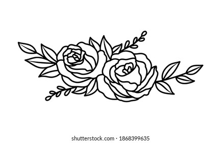 Rose flower bouquet double, line design element, black white, vector illustration svg