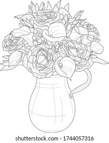 Rose flower bouquet with leaves in vase sketch. Vector illustration in black and white. Coloring paper, page, book