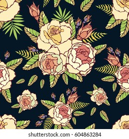 Rose flower bouquet pattern. Floral background with pink roses and buds.