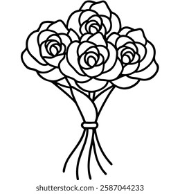 Rose flower bouquet roses ribon bind line art on white background