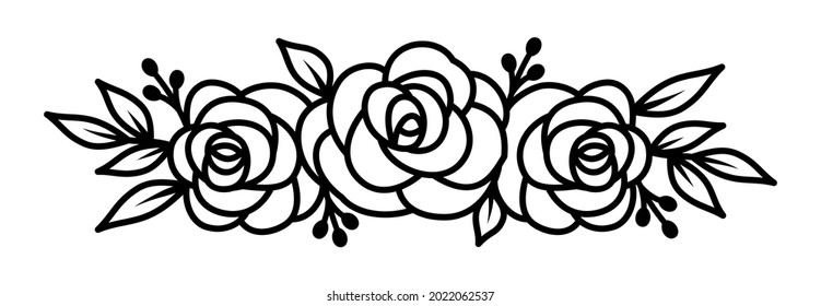 Rose flower bouquet triple, line design element, black white, vector illustration svg