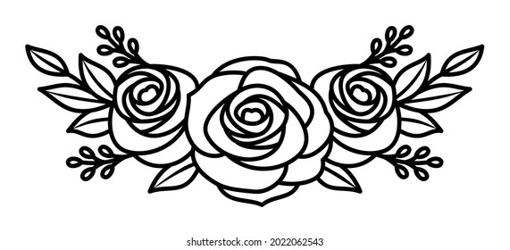 Rose flower bouquet triple, line design element, black white, vector illustration svg