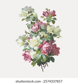 Rose flower bouquet vintage illustration by Paul de Longpré, vintage vector element. Pink botanical flower floral vintage illustration. Pink flower art drawing illustration, vector botanical artwork.
