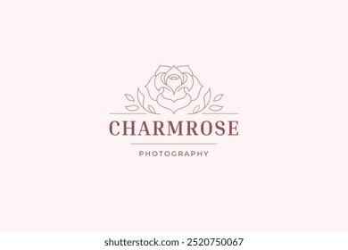 Brote de flor de rosa con Plantilla de diseño de logotipo de arte de línea de hojas para Ilustración vectorial de marca cosmética. Elegante flor floral femenina logotipo lineal spa bienestar maquillaje artista cosmetología salón de belleza