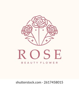 rose flower circular line art logo vector minimalist illustration design, roses with leaves, arranged within a circular frame with decorative element symbol design