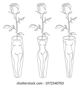 Rose flower. A collection of silhouettes of different types of female figure in the form of a vase in a modern one line style. Solid line, outline for decor, stickers, logo. Vector illustration set.