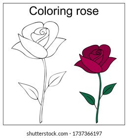 Flor de rosa. Color por ejemplo. Ilustración vectorial en un fondo blanco aislado. Libro de Colores para niños. Ilustración educativa. Idea para pegatinas. Flor delgada. Cultura popular de la jardinería.