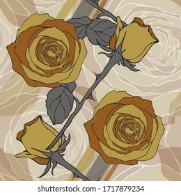 Rose Flower. Color vector seamless pattern with roses, geometry and lines. Hand drawing.