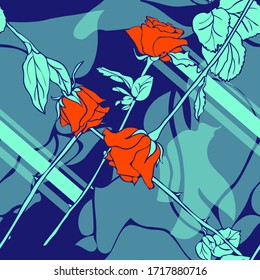 Flor rosa. Color vectorial sin fisuras con rosas, geometría y líneas. Dibujo manual.