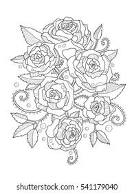 Rose flower coloring book for adults vector illustration. Anti-stress coloring for adult. Tattoo stencil. Zentangle style. Black and white lines. Lace pattern