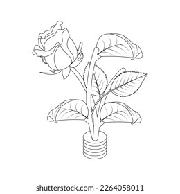 Rose Flower Coloring Page And Book Hand Drawn Line Art Illustration Beautiful Flower Black And White Drawing Vector