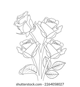 Rose Flower Coloring Page And Book Hand Drawn Line Art Illustration Beautiful Flower Black And White Drawing Vector