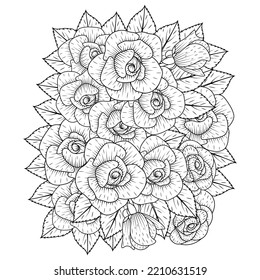 rose flower coloring page dot line art with doodle style adult coloring book illustration.
flowers of blooming roses petals and leaves easy sketch.