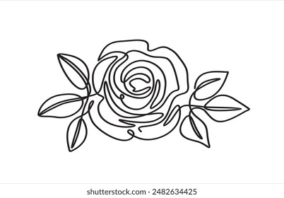 Flor de rosa en estilo de dibujo de arte en línea continua. Esbozo lineal negro aislado sobre fondo blanco. Ilustración vectorial