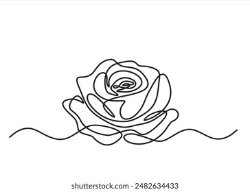 Rose flower in continuous line art drawing style. Black linear sketch isolated on white background. Vector illustration