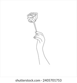rose flower Continuous line drawing of a hand holding. Beautiful rose flower simple line art with active strok
