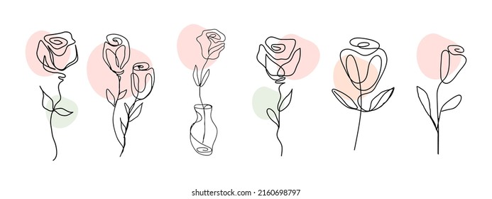 Rose flower continuous one line art drawing vector illustration. Collection of isolated single line rose flower on white background. The continuous line doodled design.