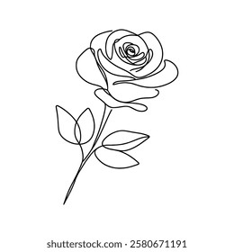 Rose flower. Continuous one line drawing. Love greeting, Valentines card. Vector illustration.