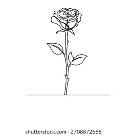 Rose flower continuous one line drawing in minimalist outline style on white background vector illustration
