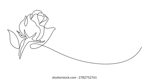 Rose flower with copy space. Continuous line drawing. Frame border. Elegant rosebud flower.