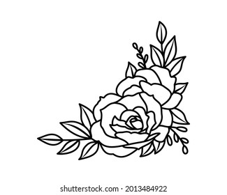 Rose flower corner decorative bouquet line design element. Black and white vector illustration svg