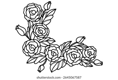Rose fleur coin cadre Image vectorielle dessinée à la main noir et blanc. modifiable, Image de tatouage, ornement de mariage, cadre floral