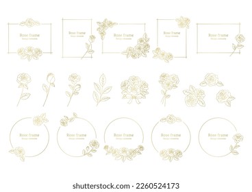 Rose flower decorative frame, illustration as design element, rose flower illustration, golden line drawing on white background.