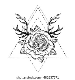 Rose flower with deer antlers. Blackwork tattoo flash.Vector illustration isolated on white. Tattoo design, mystic symbol. New school dotwork. Boho design. Print, posters, t-shirts and textiles.