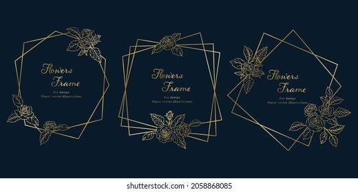 Rose flower design frames set Golden line-drawing on navy