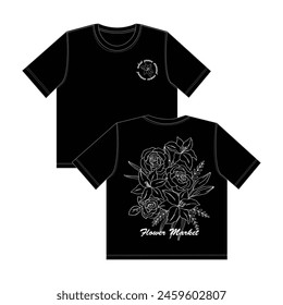 Rose flower drawing black and white on t shirt, Rose sketch White outline on black background, Beautiful Floral Silhouette t shirt, Line art rose on t shirt front and back, Rose flower logo design