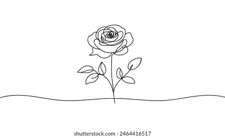 The rose flower is drawn as a continuous line. Vector illustration.