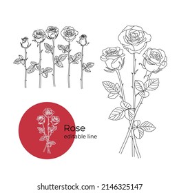 Rose flower was drawn in a minimalistic style with a line. Part of the collection of main flowers. Editable line.