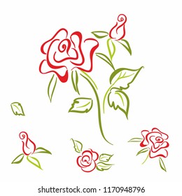 Rose. flower. elements. set. For the decoration of cards. Linear sketch . Vector.
